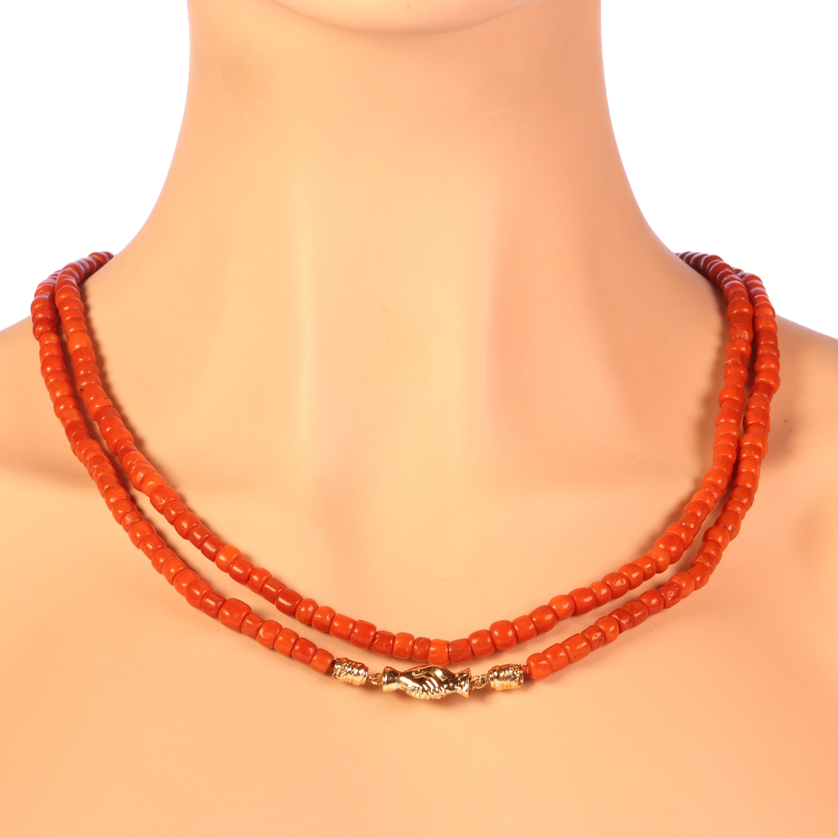 Victorian antique Dutch coral necklace with gold holding hands as clasp